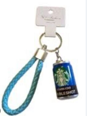 Starbucks Blue Can Keychain with Teal Braided Loop